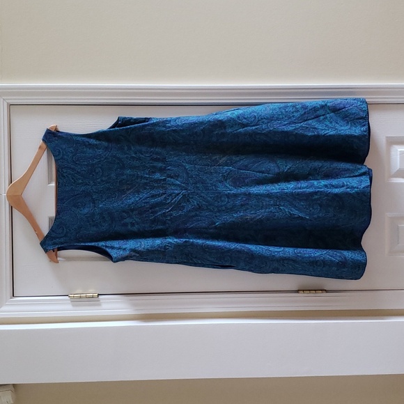 Beautiful Blue/Green Paisley V-Neck Empire Waist Fit & Flare Lands End Dress 18W - Picture 2 of 8